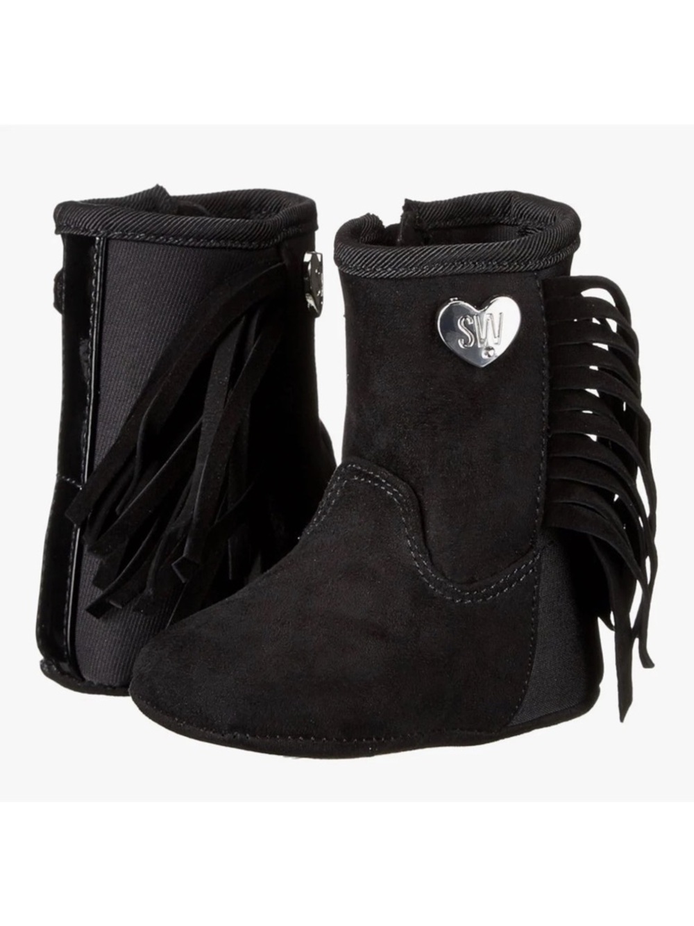 Stuart Weitzman Black Leather Suede Fringe Infant Baby Boots Heart Charm Size 3